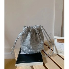 Silver Pleated Drawstring Shoulder Bucket Bags Women Designer Soft PU Leather Small Handbags Female Casual Purse Underarm Bag