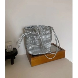 Silver Pleated Drawstring Shoulder Bucket Bags Women Designer Soft PU Leather Small Handbags Female Casual Purse Underarm Bag